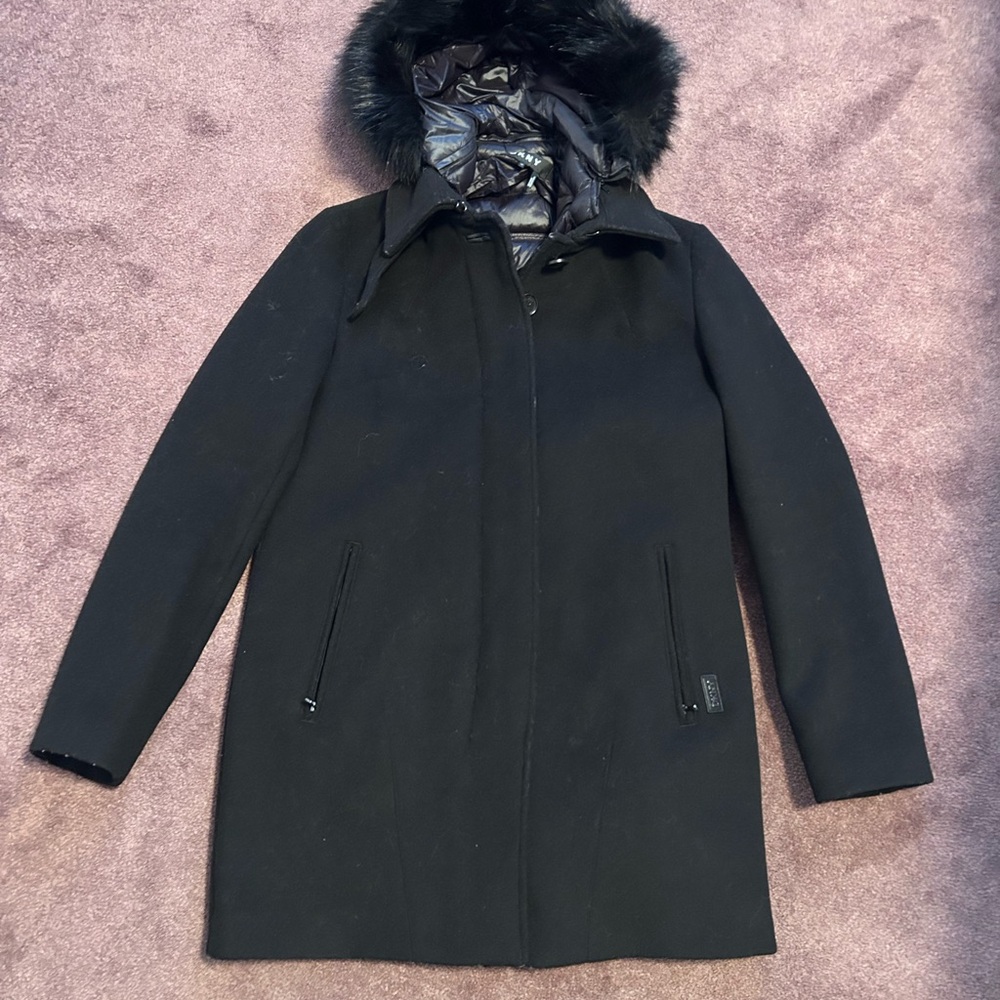 DKNY Black Pea Coat with Faux Fur Hood